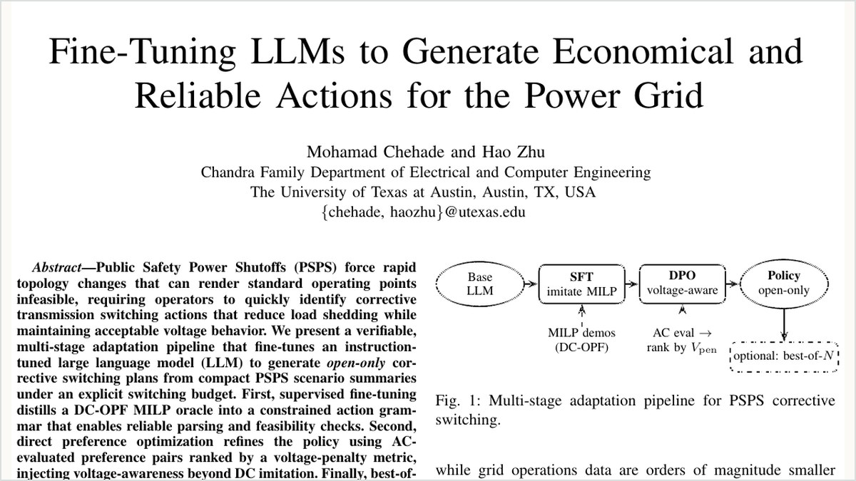 Paper preview showing the multi-stage LLM adaptation pipeline for PSPS corrective switching